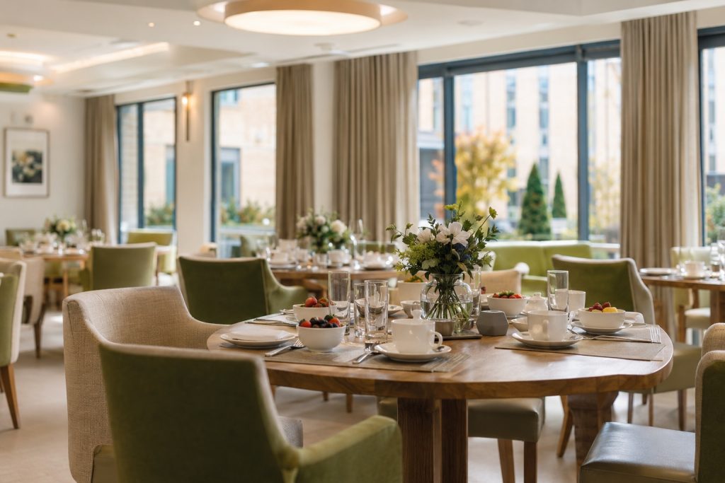 Modern UK care home dining room set for breakfast with fresh fruit, china and floral arrangements